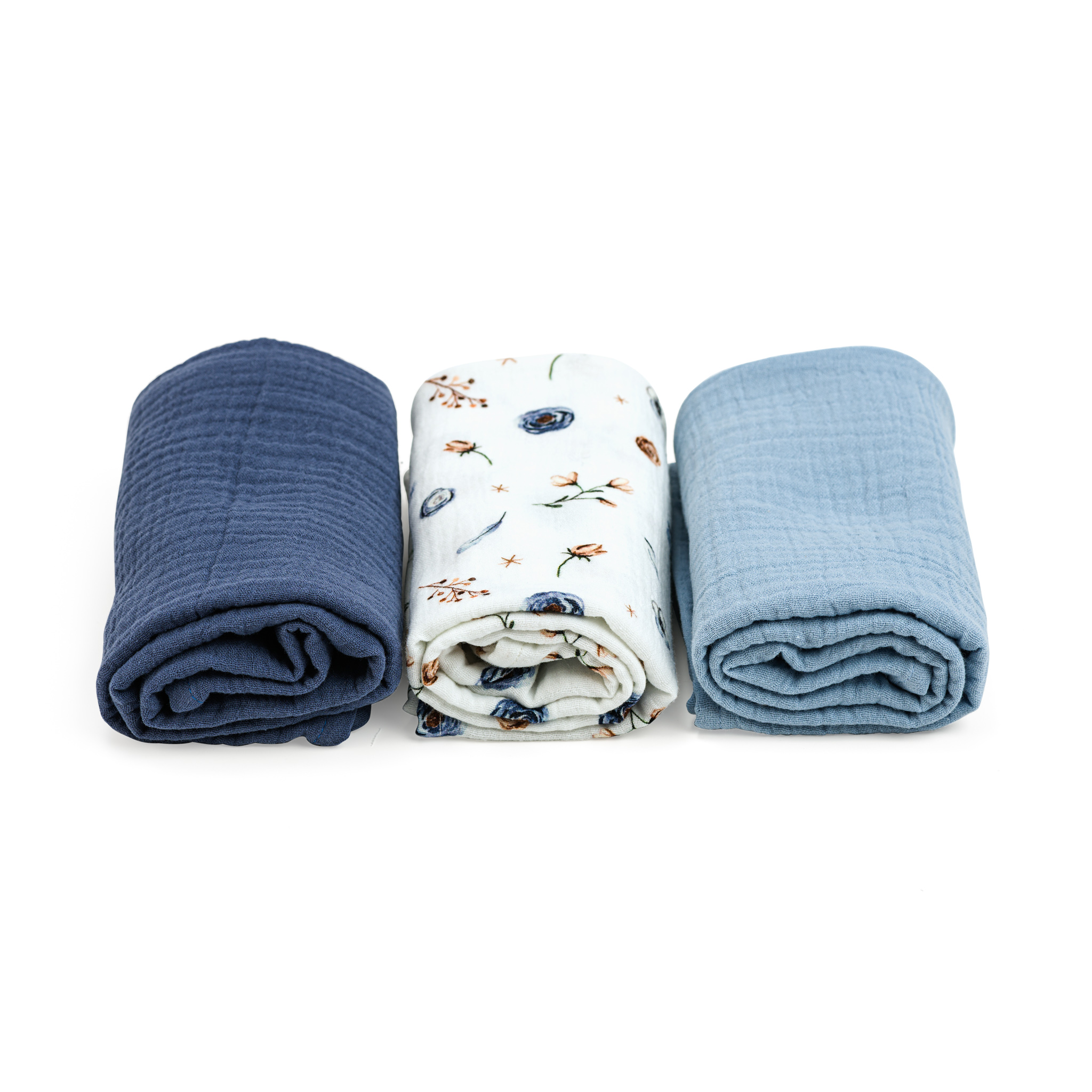 Mulltücher 60 x 60 cm - 3er Set  - Blau mit Blumen